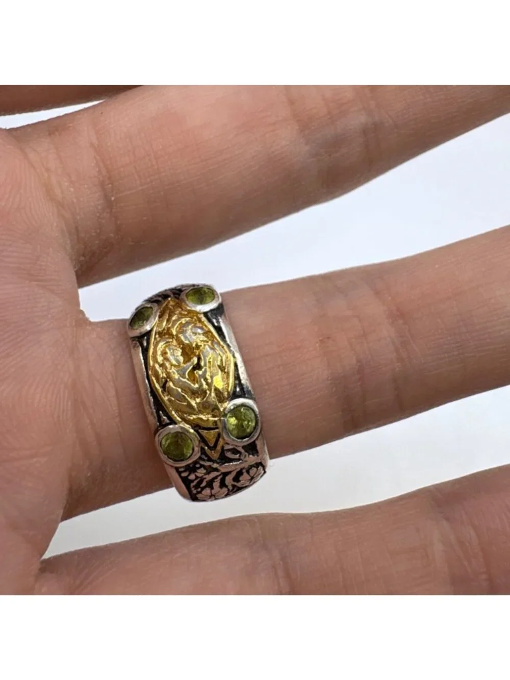 Peridot Band Dogwood Flower Branch Design Ring 18k & Sterling Silver SZ 8